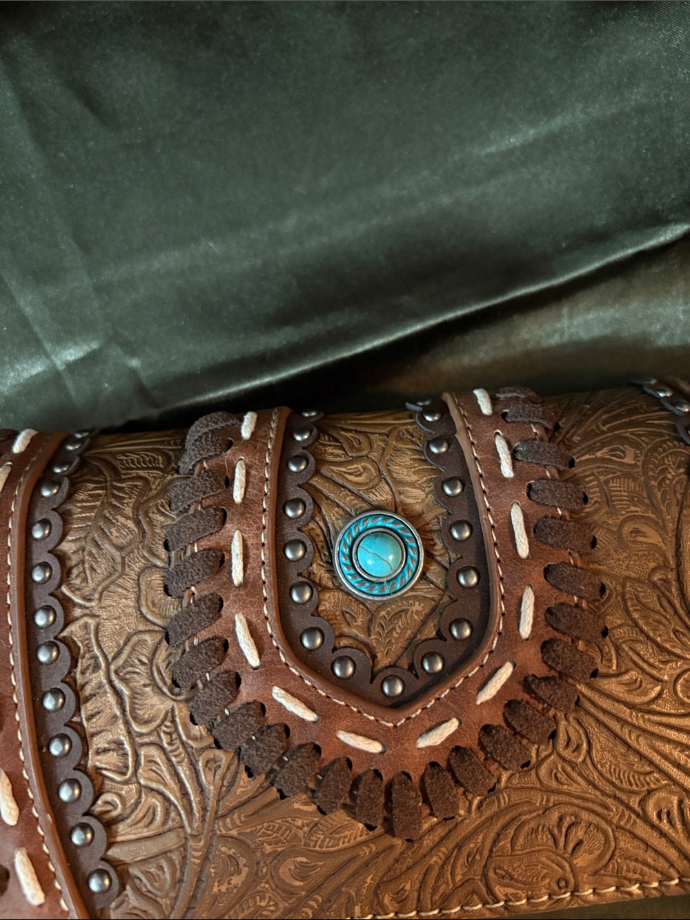 Montana West Brown Tooled Leather Wristlet Wallet with Turquoise Accent - Picture 2 of 9